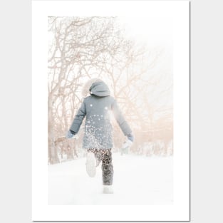 Child running in snow, backlight and throwing snow Posters and Art